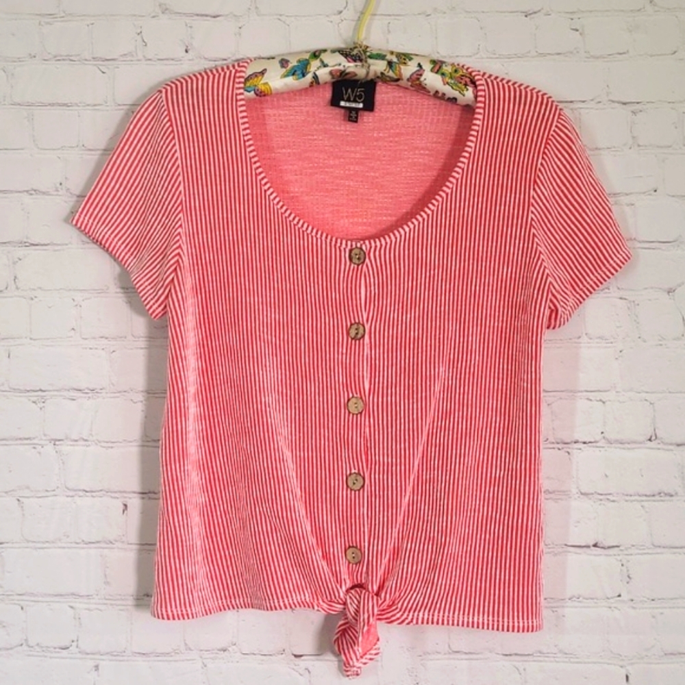 W5 Red & White Stripe Wood Button Front Tie Rockabilly Tee Tshirt Womens Size M - Picture 4 of 16
